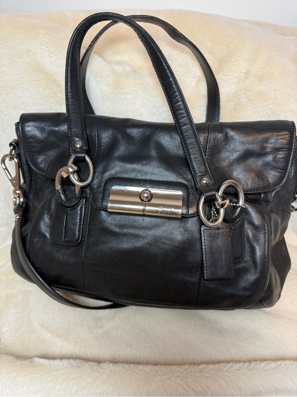 Coach Black Leather Shoulder Satchel with Silver Hardware from Kirstin Collectio